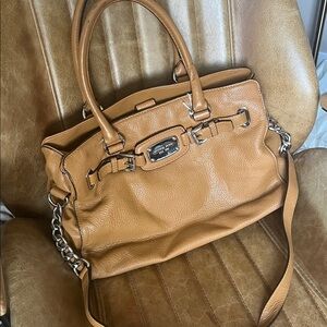 Michael Kors Camel Leather Satchel with Chain-Detail Strap